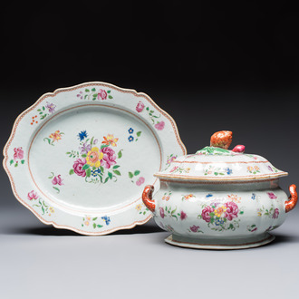 A Chinese famille rose covered tureen and stand with floral design, Qianlong