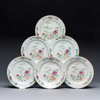 Six Chinese famille rose 'Flower Garden' plates, Qianlong