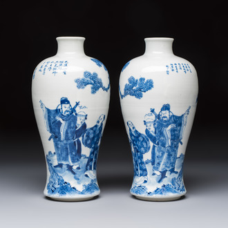 A pair of Chinese blue and white 'Meiping' vases with figures and a poem, signed Xu Banqiu 徐半秋, Kangxi mark, 19th C.
