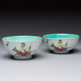 A pair of Chinese famille rose sgraffiato-ground 'Zhang Guolao' bowls, Daoguang mark and of the period