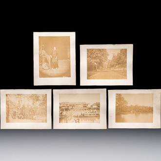 Five photographs of Saigon, depicting street views, figures and river scenes, late 19/early 20th C.