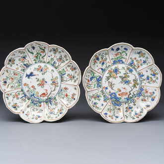 Two Chinese famille verte lotus-shaped plates, Johanneum mark, ex-collection of August the Strong, Kangxi