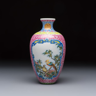A Chinese falangcai 'Birds among Flowering Branches' vase, Qianlong mark, Republic