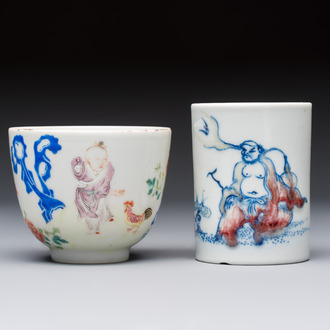 A Chinese famille rose 'Chicken' cup and a blue, white, and copper-red 'Li Tieguai' brush pot, Qianlong mark, 20th C.