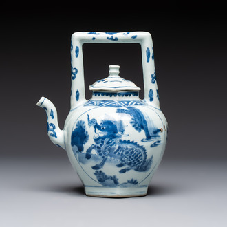 A Chinese blue and white 'Mythical Beasts' wine pot and cover, Transitional period