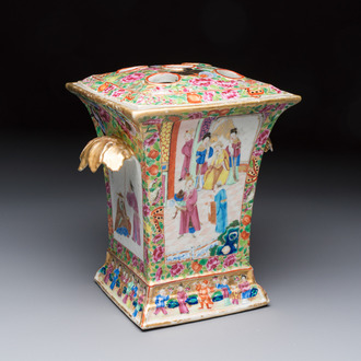 A Chinese Canton famille rose bough pot with narrative design, 19th C.