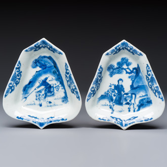 A pair of Chinese blue and white 'Rider on Horseback' sweetmeat dishes, Kangxi