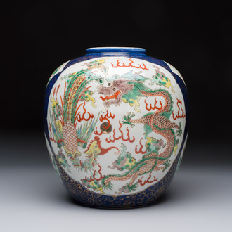 A Chinese famille verte gilt-decorated blue-ground 'Dragon and Phoenix' vase, Kangxi mark, 19th C.