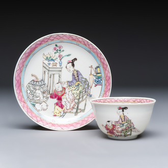 A fine Chinese famille rose 'Court Lady and a Boy' cup and saucer, Yongzheng