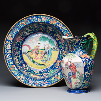 A large Chinese Canton enamel basin and jug with narrative design, early 19th C.