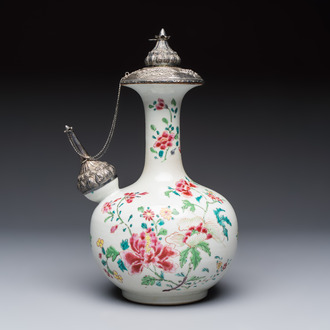 A silver-mounted Chinese famille rose kendi with floral design, Qianlong