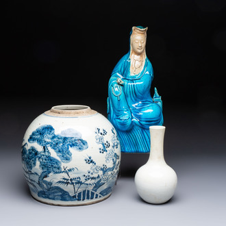 A Chinese turquoise-glazed Guanyin, a white-glazed bottle vase and a blue and white jar, 19th C.