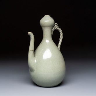 A Korean celadon-glazed ewer with twisted handle, 20th C.