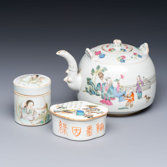A Chinese famille rose teapot and two covered boxes, various marks, Republic
