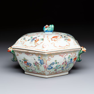 A Chinese Canton famille rose hexagonal tureen and cover, Qianlong