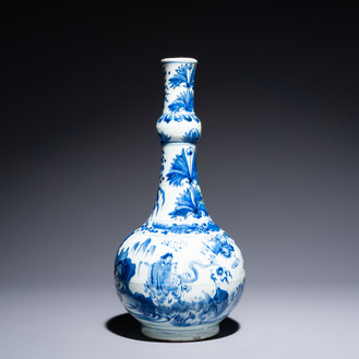 A rare Chinese blue and white bottle vase with narrative design, Transitional period