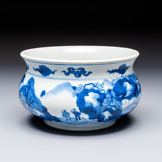 A Chinese blue and white censer depicting two sages in a mountainous landscape, Kangxi