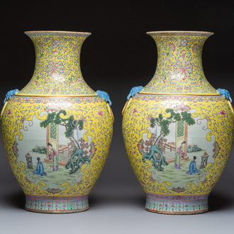 A pair of large Chinese famille rose yellow-ground 'Hu' vases with narrative design, Qianlong mark, Republic