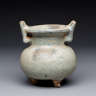 A Chinese junyao tripod censer with handles, Jin/Yuan