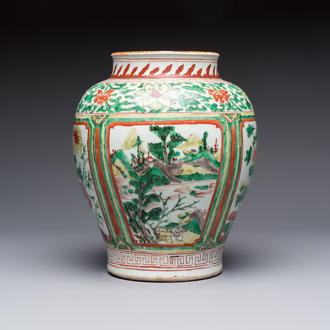 A Chinese wucai 'Landscapes and Flowers' vase, Transitional period