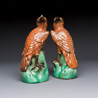 A pair of Chinese polychrome-glazed hawks, 20th C.