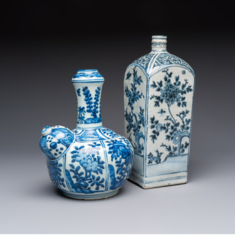 A Chinese blue and white kendi and a square flask, Wanli