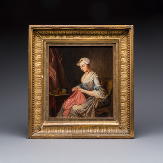 Jean-Gaspard Heilmann (France, 1718 - 1760): 'The Seamstress', oil on panel, 18th C.