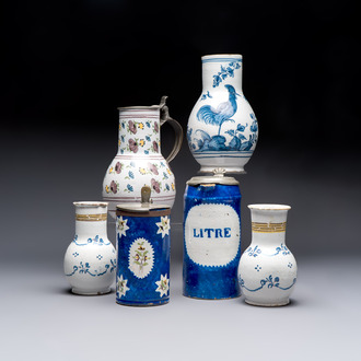 A varied group of six blue, white and polychrome Brussels faience jugs, 18th C.