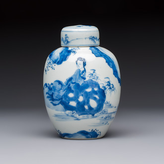 A Chinese blue and white 'Elegant Beauties' tea caddy and cover, artemisia leaf mark, Kangxi