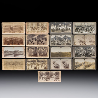 17 stereoview cards with views of China, depicting street scenes, architecture and daily life, 19/20th C.
