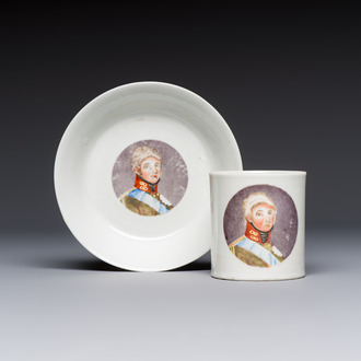 A rare Chinese 'Portrait' cup and saucer, Hervouët collection, 18/19th C.