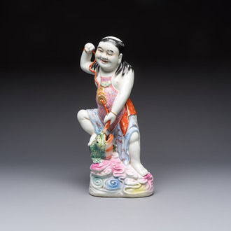 A Chinese famille rose group of Liu Hai and his three-legged toad, Wei Hongtai Zao 魏洪泰造 mark, Republic