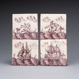 Four manganese Dutch Delft 'Sea Creatures' and 'Ship' tiles, 17th C.
