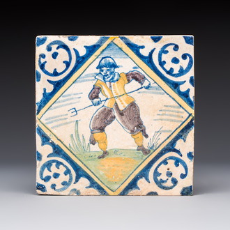 A polychrome Dutch Delft maiolica 'Soldier' diamond tile, 16th C.