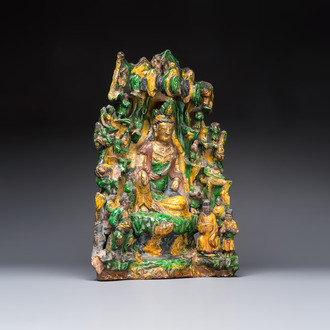 A large Chinese sancai-glazed Buddhist grotto with Guanyin and attendants, Ming