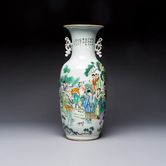 A Chinese famille rose 'Meng Mu San Qian 孟母三遷' and 'Antiquities' vase, signed Ye Yichun 葉宜春, dated 1923