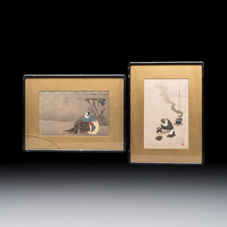 After Katsushika Hokusai (1760–1849): 'Dream of the Rush Gatherer' and 'Badger with Tea Kettle', woodblock prints, Japan, Meiji, 19/20th C.
