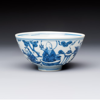 A Chinese blue and white 'Ba Xian Zhu Shou 八仙祝壽' bowl, Wanli mark and of the period