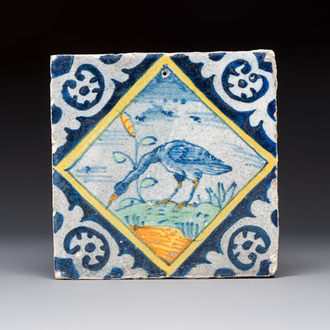 A polychrome Dutch Delft maiolica 'Heron' diamond tile, 16th C.