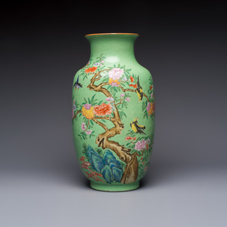 A Chinese famille rose sgraffiato lime-green-ground 'Birds among Flowering Branches' vase, Qianlong mark, 19th C.