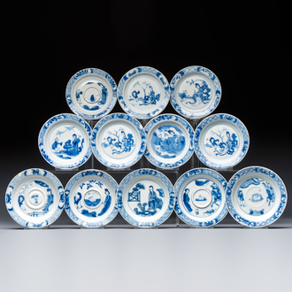 12 Chinese blue and white saucers with figural design, lingzhi and Chenghua marks, Kangxi