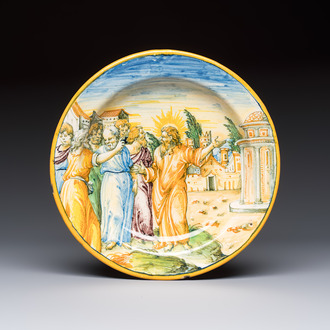 A polychrome Italian maiolica dish with Christ opposite the Temple on the Mount of Olives, Rimini, 16th C.