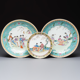 Two Chinese famille rose dishes and a plate with elegant beauties, Qianlong marks, 20th C