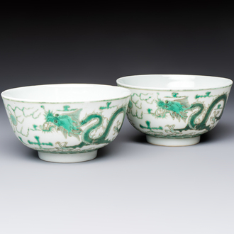 A pair of Chinese green-enamelled 'Dragon' bowls, Guangxu marks, Republic