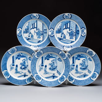 Five Chinese blue and white plates with narrative design, Chenghua mark, 19th C.