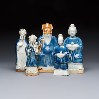 Five Chinese blue and white figures, Qianlong/Jiaqing