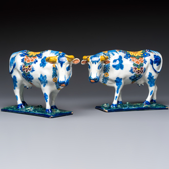 A pair of polychrome Dutch Delft cows, 18th C.