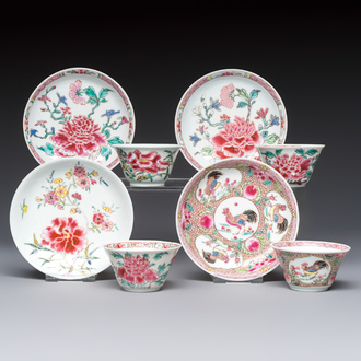 Four Chinese famille rose cups and saucers, Yongzheng/Qianlong