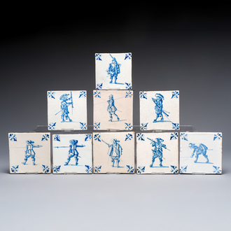 Nine blue and white Dutch Delft 'Soldier' tiles, 17th C.