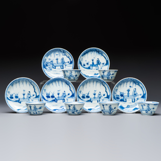 Six Chinese blue and white 'Scholar in a Garden' cups and saucers, Yongzheng